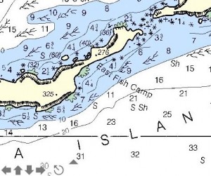 We generally anchor in about 30' between the drying areas (green).